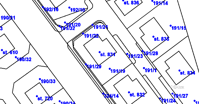 Parcela st. 831 v KÚ Postřižín, Katastrální mapa