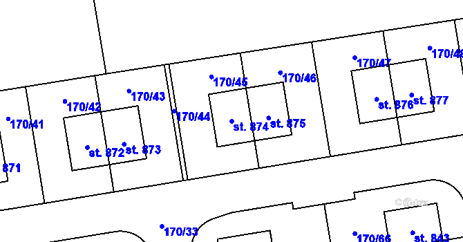 Parcela st. 874 v KÚ Postřižín, Katastrální mapa