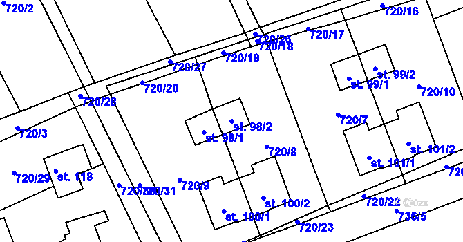 Parcela st. 98/2 v KÚ Pošná, Katastrální mapa