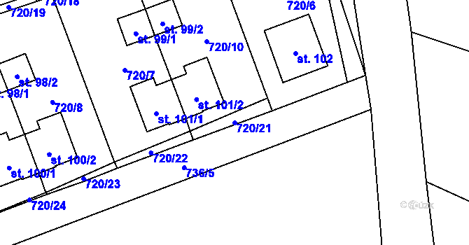 Parcela st. 720/21 v KÚ Pošná, Katastrální mapa