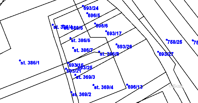 Parcela st. 386/8 v KÚ Poteč, Katastrální mapa