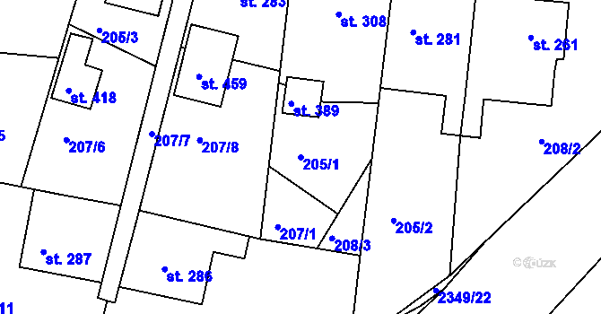 Parcela st. 205/1 v KÚ Poteč, Katastrální mapa