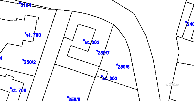 Parcela st. 250/7 v KÚ Potštejn, Katastrální mapa