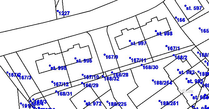 Parcela st. 167/9 v KÚ Věkoše, Katastrální mapa