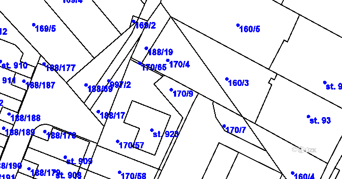 Parcela st. 170/9 v KÚ Věkoše, Katastrální mapa