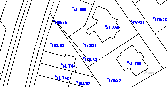 Parcela st. 170/21 v KÚ Věkoše, Katastrální mapa