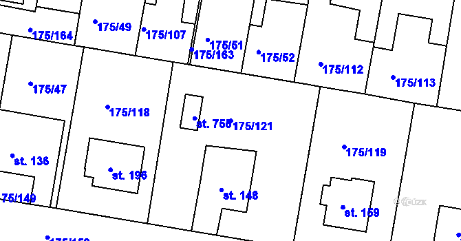 Parcela st. 175/121 v KÚ Věkoše, Katastrální mapa