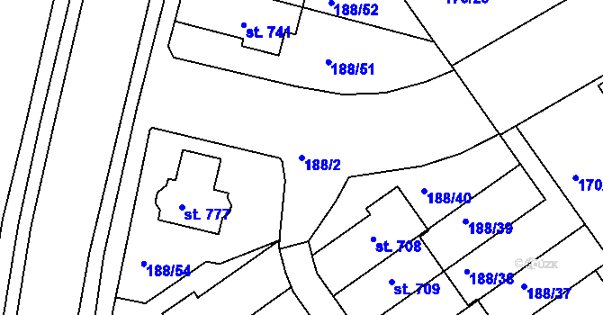 Parcela st. 188/2 v KÚ Věkoše, Katastrální mapa