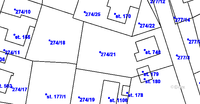 Parcela st. 274/21 v KÚ Věkoše, Katastrální mapa