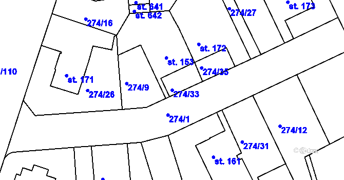 Parcela st. 274/33 v KÚ Věkoše, Katastrální mapa