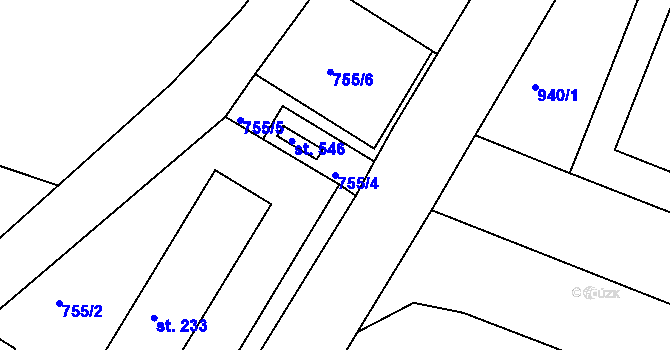 Parcela st. 755/4 v KÚ Věkoše, Katastrální mapa