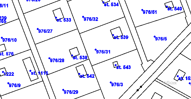 Parcela st. 976/31 v KÚ Věkoše, Katastrální mapa