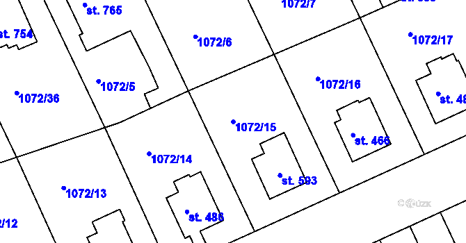 Parcela st. 1072/15 v KÚ Věkoše, Katastrální mapa