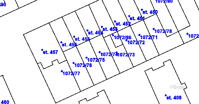 Parcela st. 1072/74 v KÚ Věkoše, Katastrální mapa