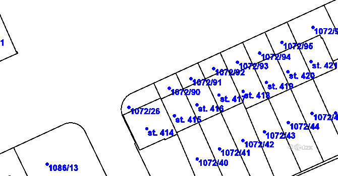 Parcela st. 1072/90 v KÚ Věkoše, Katastrální mapa