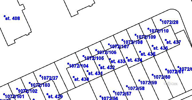 Parcela st. 1072/106 v KÚ Věkoše, Katastrální mapa