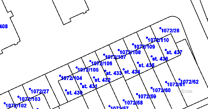 Parcela st. 1072/107 v KÚ Věkoše, Katastrální mapa