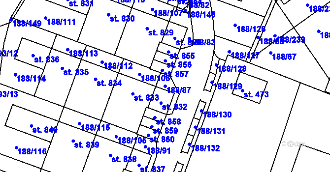 Parcela st. 188/87 v KÚ Věkoše, Katastrální mapa