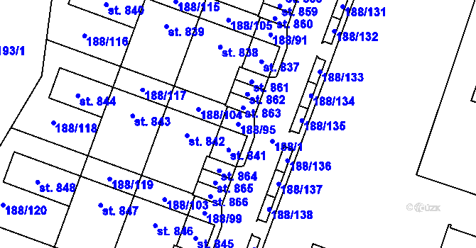 Parcela st. 188/95 v KÚ Věkoše, Katastrální mapa