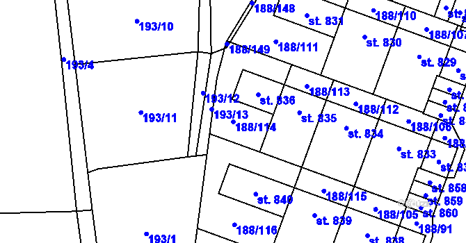 Parcela st. 188/114 v KÚ Věkoše, Katastrální mapa