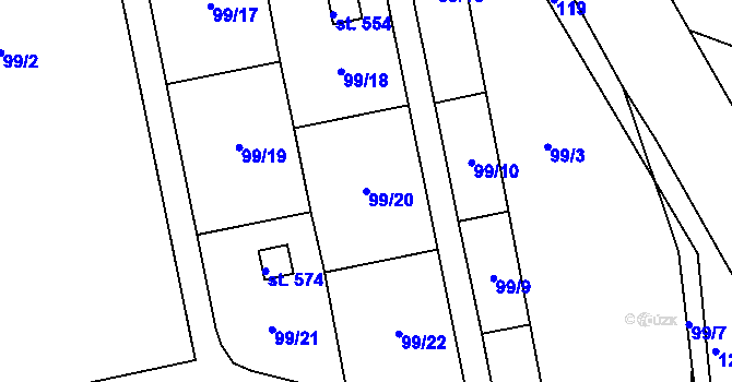 Parcela st. 99/20 v KÚ Věkoše, Katastrální mapa