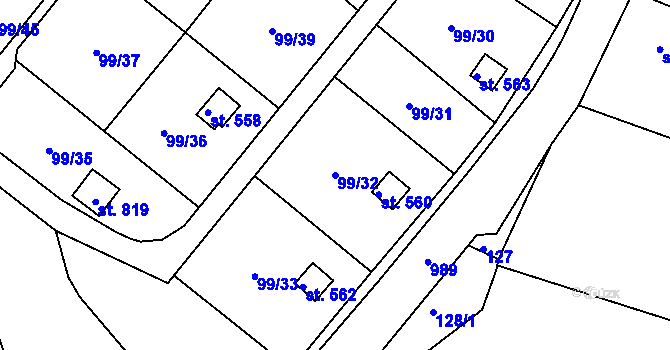 Parcela st. 99/32 v KÚ Věkoše, Katastrální mapa