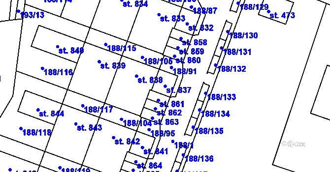 Parcela st. 837 v KÚ Věkoše, Katastrální mapa