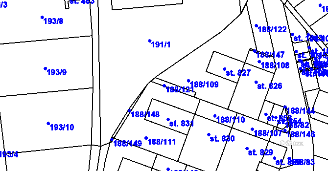 Parcela st. 188/121 v KÚ Věkoše, Katastrální mapa