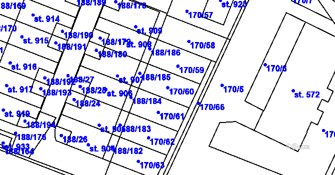 Parcela st. 170/60 v KÚ Věkoše, Katastrální mapa