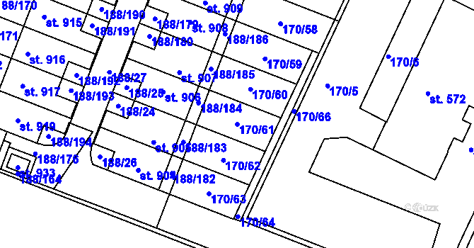 Parcela st. 170/61 v KÚ Věkoše, Katastrální mapa