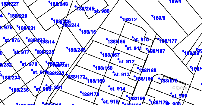 Parcela st. 188/167 v KÚ Věkoše, Katastrální mapa