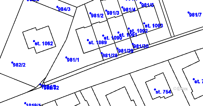 Parcela st. 981/28 v KÚ Věkoše, Katastrální mapa