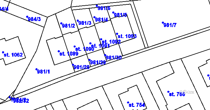 Parcela st. 981/30 v KÚ Věkoše, Katastrální mapa