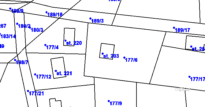 Parcela st. 203 v KÚ Pouště, Katastrální mapa