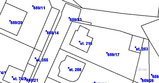 Parcela st. 216 v KÚ Pozďatín, Katastrální mapa