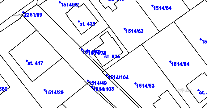 Parcela st. 835 v KÚ Pozlovice, Katastrální mapa