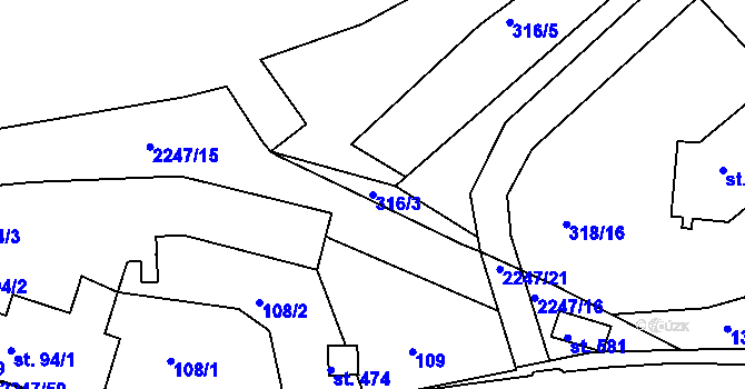 Parcela st. 316/3 v KÚ Pozlovice, Katastrální mapa