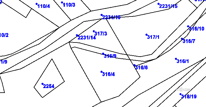 Parcela st. 316/9 v KÚ Pozlovice, Katastrální mapa