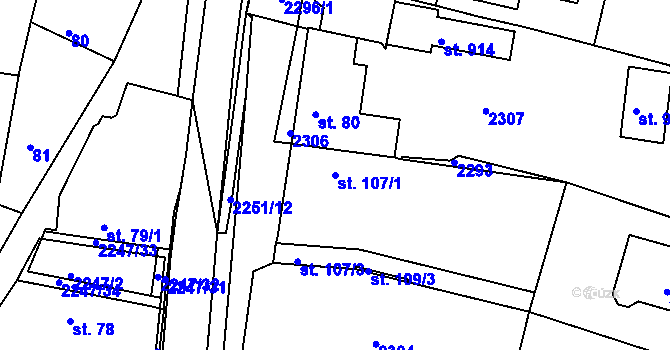 Parcela st. 107/1 v KÚ Pozlovice, Katastrální mapa