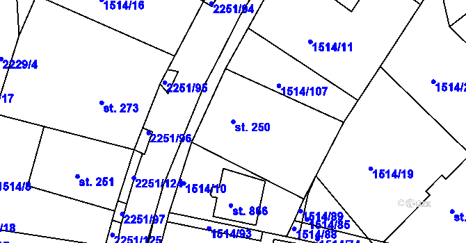 Parcela st. 250 v KÚ Pozlovice, Katastrální mapa