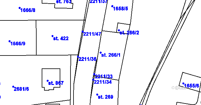 Parcela st. 266/1 v KÚ Pozlovice, Katastrální mapa