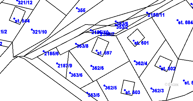 Parcela st. 597 v KÚ Pozlovice, Katastrální mapa