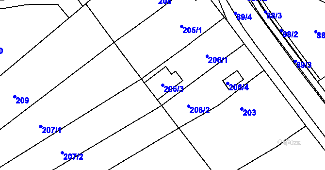 Parcela st. 206/3 v KÚ Pozořice, Katastrální mapa