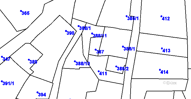 Parcela st. 387 v KÚ Pozořice, Katastrální mapa
