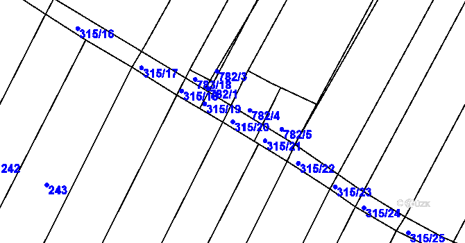 Parcela st. 315/20 v KÚ Prace, Katastrální mapa