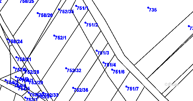 Parcela st. 751/3 v KÚ Prace, Katastrální mapa