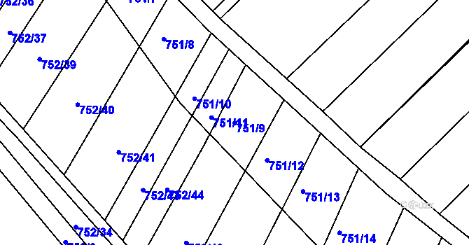 Parcela st. 751/9 v KÚ Prace, Katastrální mapa