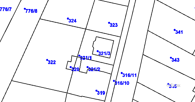 Parcela st. 321/3 v KÚ Prace, Katastrální mapa