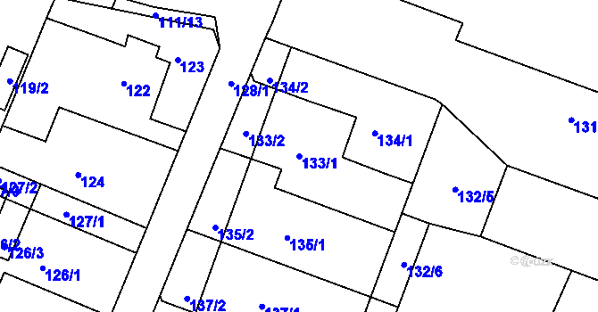 Parcela st. 133/1 v KÚ Práče, Katastrální mapa