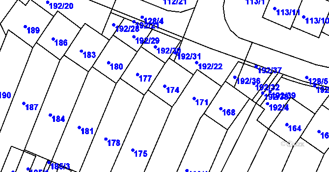 Parcela st. 174 v KÚ Práče, Katastrální mapa